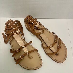 Stuart Weitzman Brown and Gold Gladiator Strappy Sandals